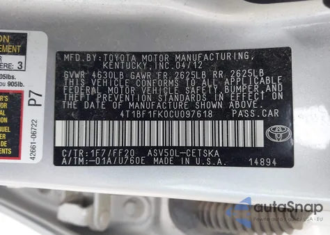 2012 Toyota Camry Se z USA, uszkodzony, nr VIN 4T1BF1FK0CU097618
